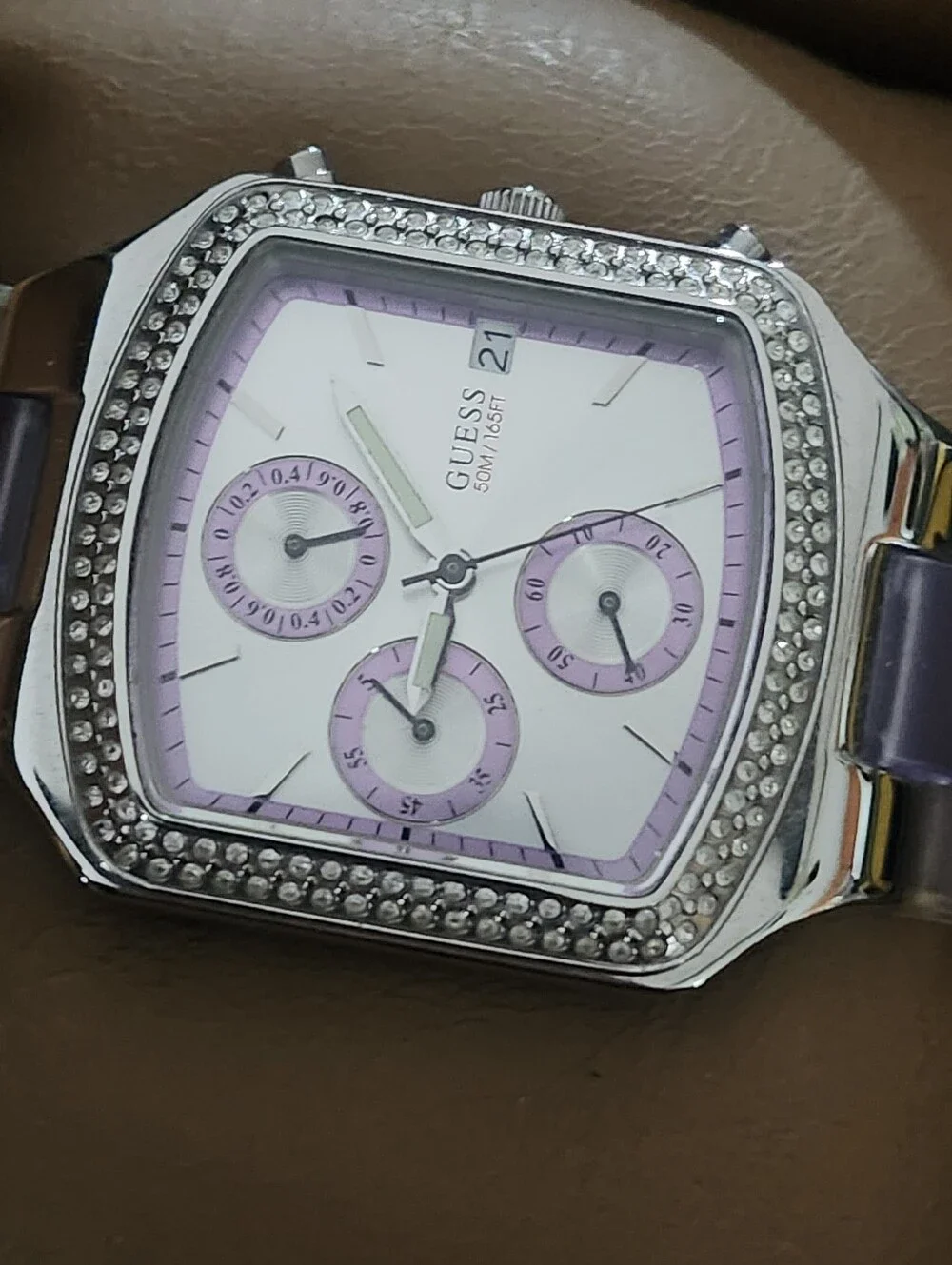 GUESS Deco Purple Crystal-Trim Purple Face Chronograph Watch-  New In Box